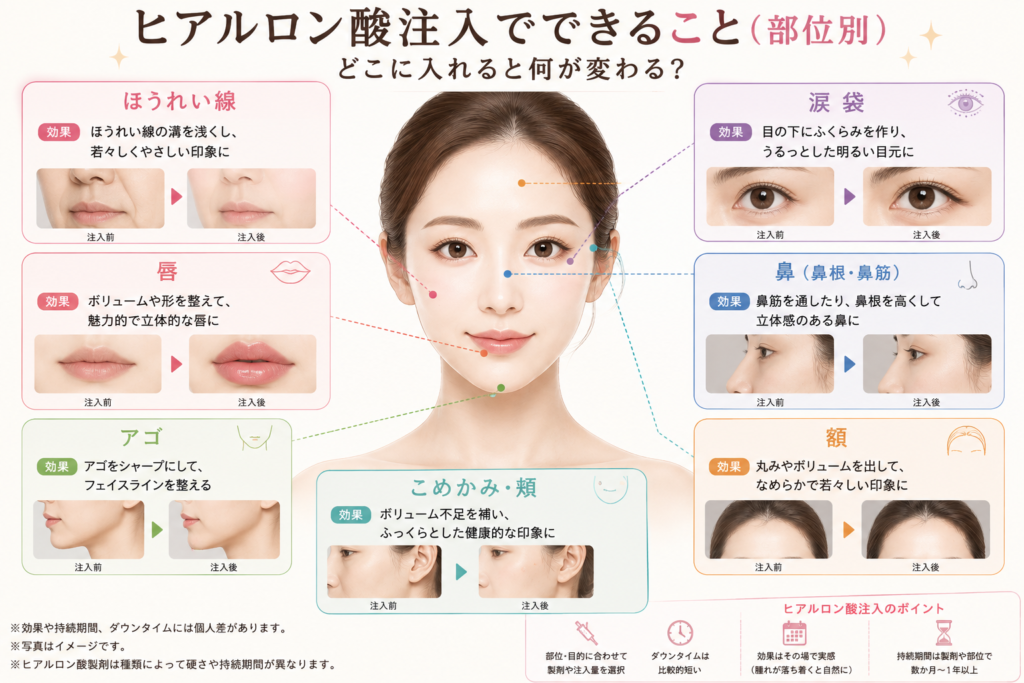 ヒアルロン酸注入のほうれい線・涙袋・唇・鼻・アゴ・額・こめかみ・頬の部位別の効果をまとめた図解