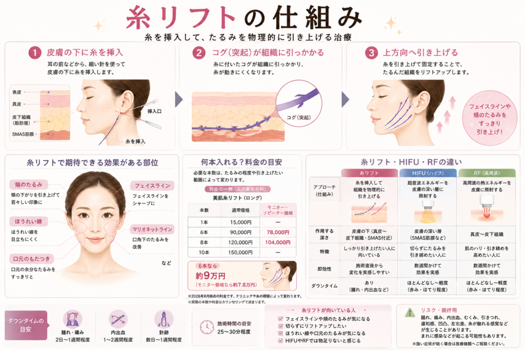 糸リフトで皮膚の下に糸を挿入し、コグで組織を引き上げる仕組みや効果、HIFU・RFとの違いをまとめた図解