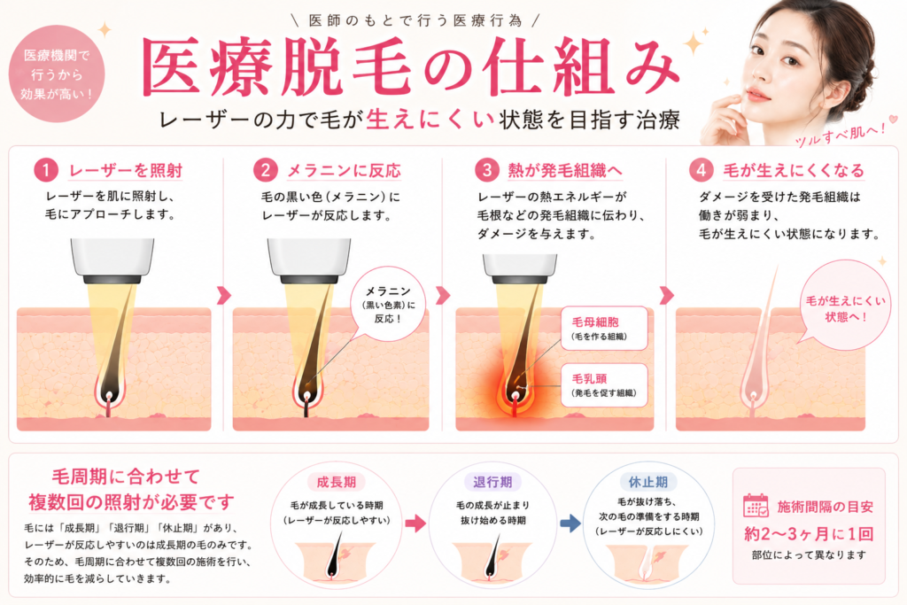 医療脱毛でレーザーが毛のメラニンに反応し、熱で発毛組織にダメージを与えて毛が生えにくくなる仕組みと毛周期をまとめた図解