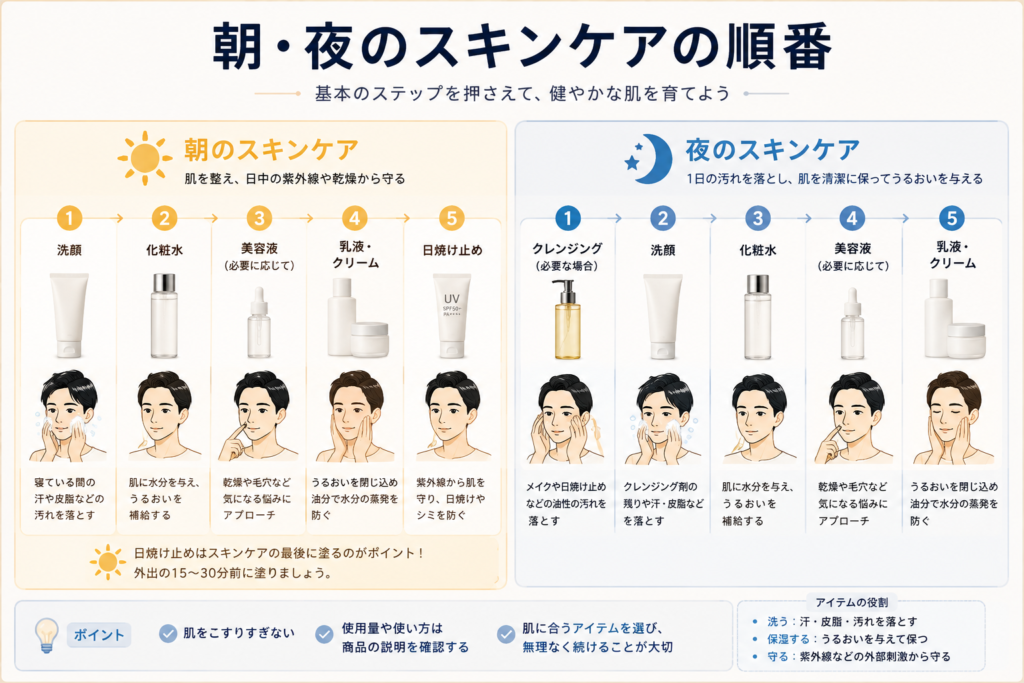 朝と夜のスキンケアについて洗顔・化粧水・美容液・乳液・クリーム・日焼け止めなどを使う順番をまとめた図解