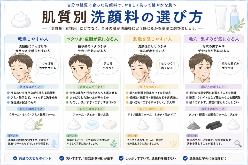 肌質別の洗顔料の選び方｜乾燥・ベタつき・敏感・毛穴悩み別の選び方をまとめた図解
