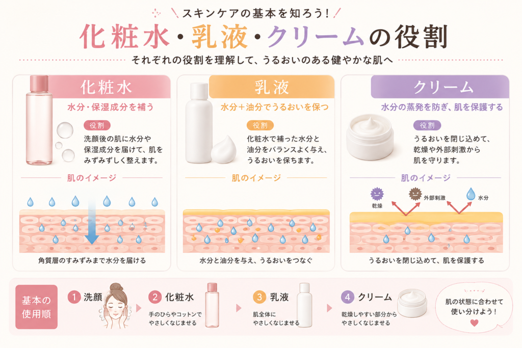 化粧水・乳液・クリームの役割と基本的な使用順を比較した図解