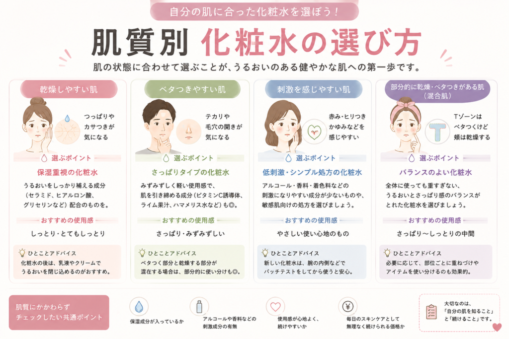 肌質別の化粧水の選び方｜乾燥・ベタつき・敏感・混合肌別の選び方をまとめた図解