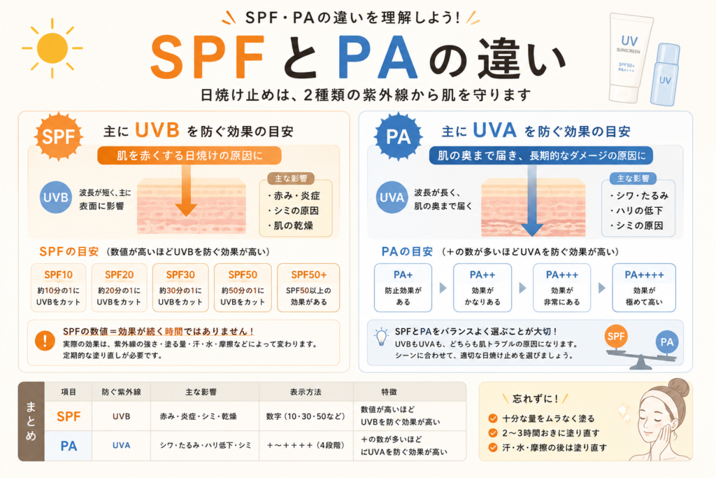 SPFとPAの違い｜UVBとUVAに対する紫外線防止効果の目安をまとめた図解