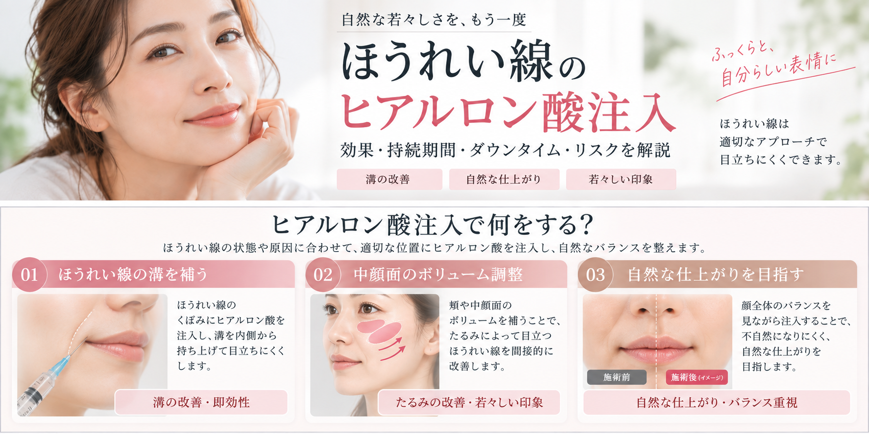 ほうれい線のヒアルロン酸注入で行う3つのアプローチ