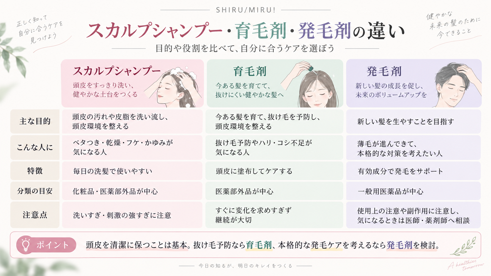 薄毛の悩み別にスカルプシャンプー・育毛剤・発毛剤を選ぶ診断図