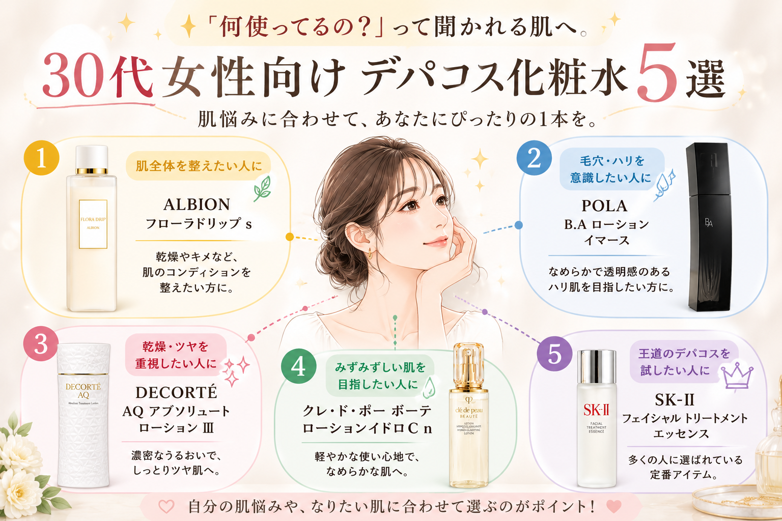 30代女性向けデパコス化粧水5選を肌悩み別に選び分ける図解