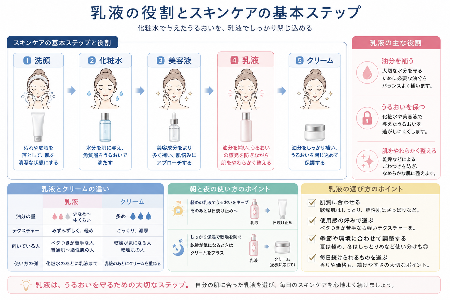 乳液の役割と化粧水・美容液・クリームを使う基本的なスキンケアの順番をまとめた図解