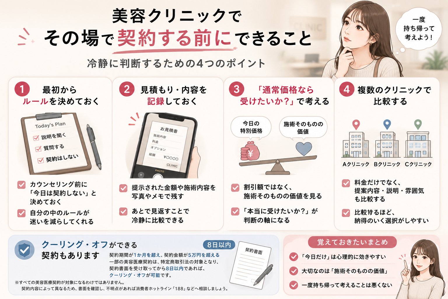 美容クリニックでその場で契約する前に確認したい4つのポイントをまとめた図解