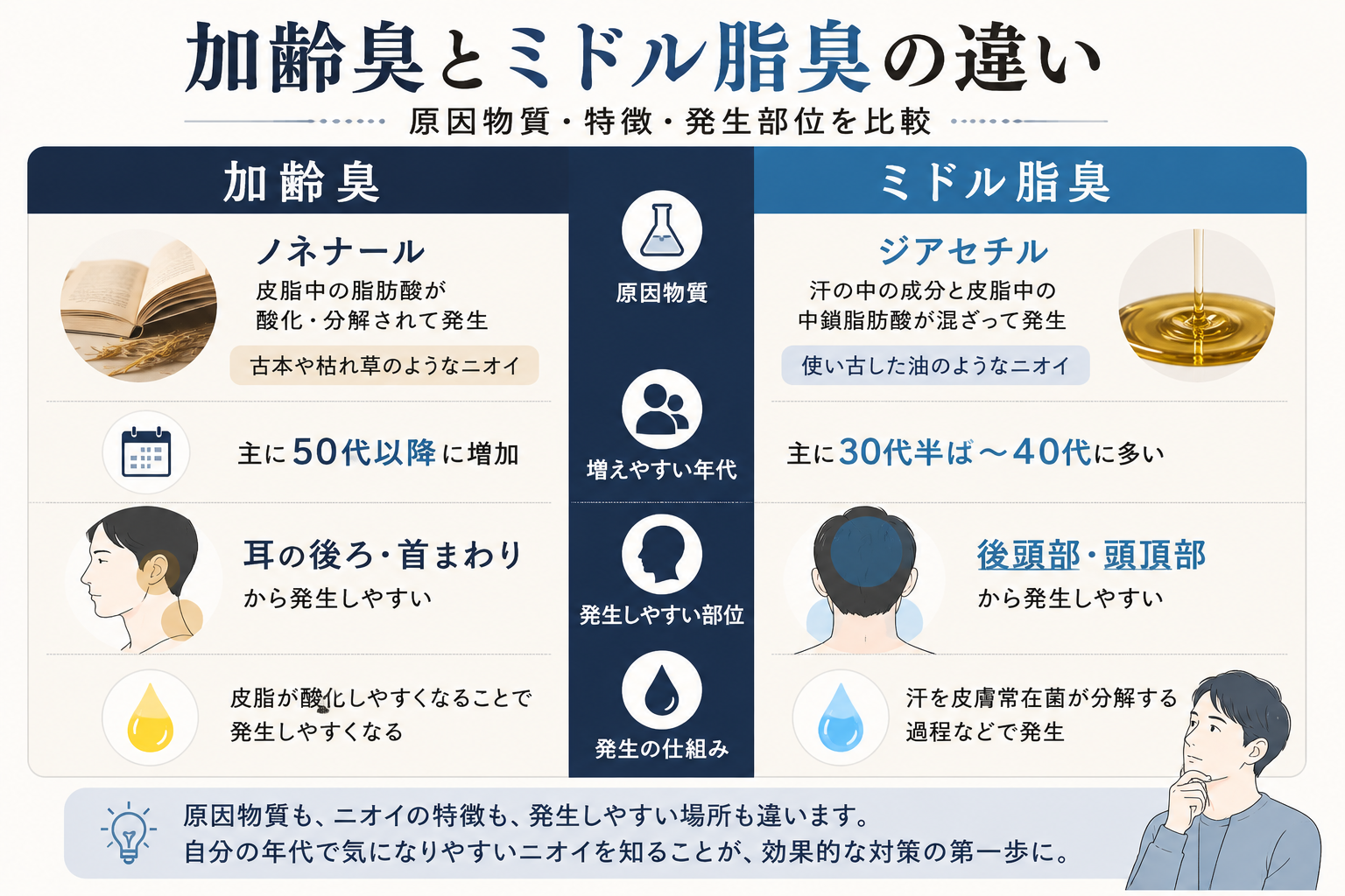 加齢臭とミドル脂臭の原因成分・年代・発生しやすい場所の違いを比較した図解