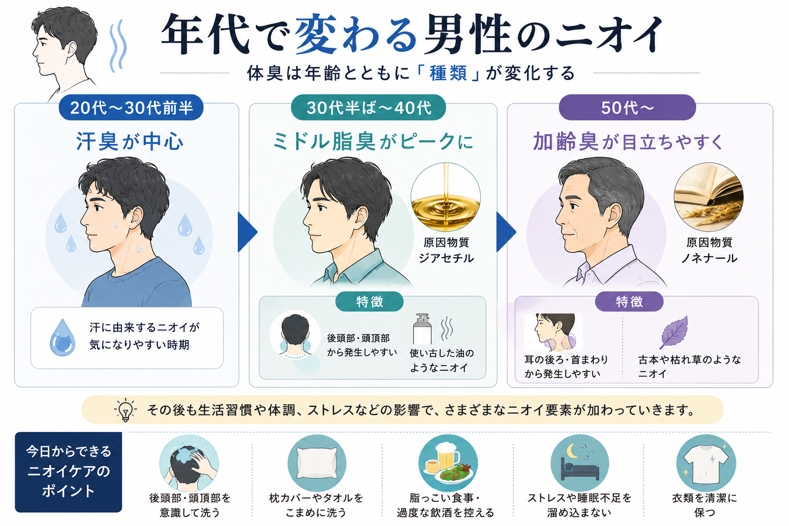 汗臭・ミドル脂臭・加齢臭など男性の年代によるニオイの変化をまとめた図解