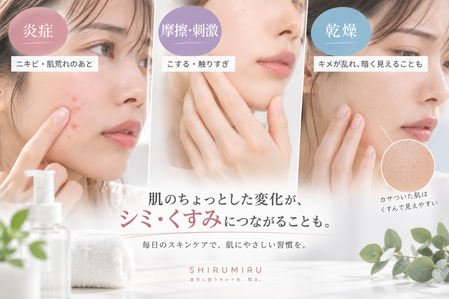 シミ・くすみに関係する炎症・摩擦・乾燥を解説したイメージ