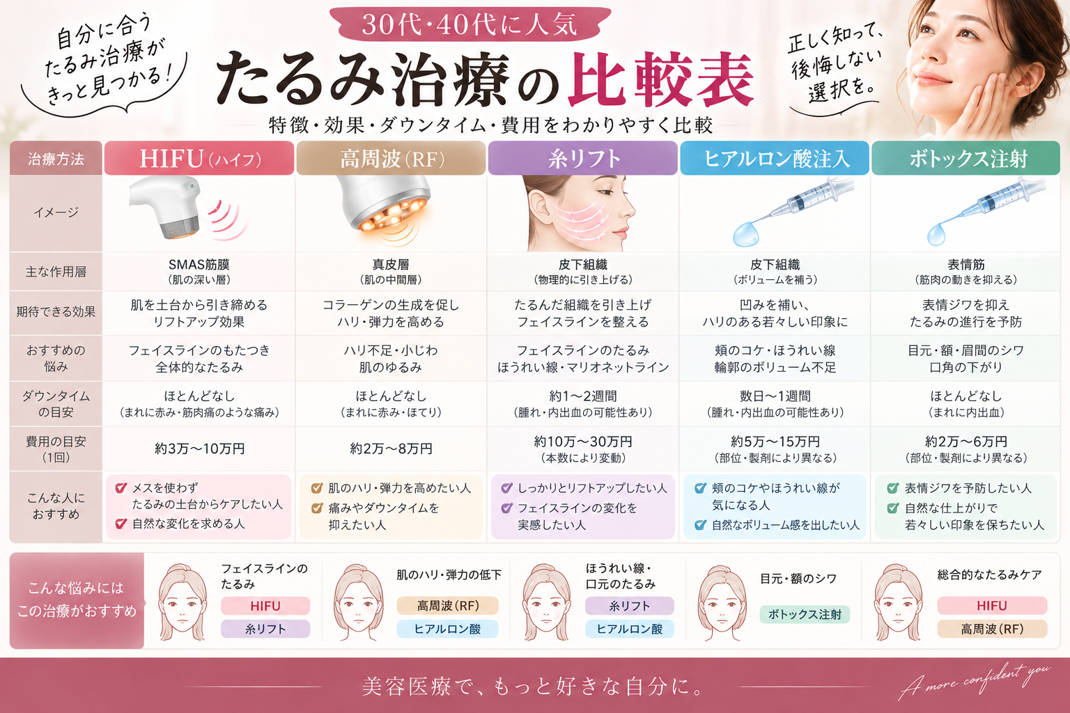 顔のたるみに検討される美容医療3つのアプローチ